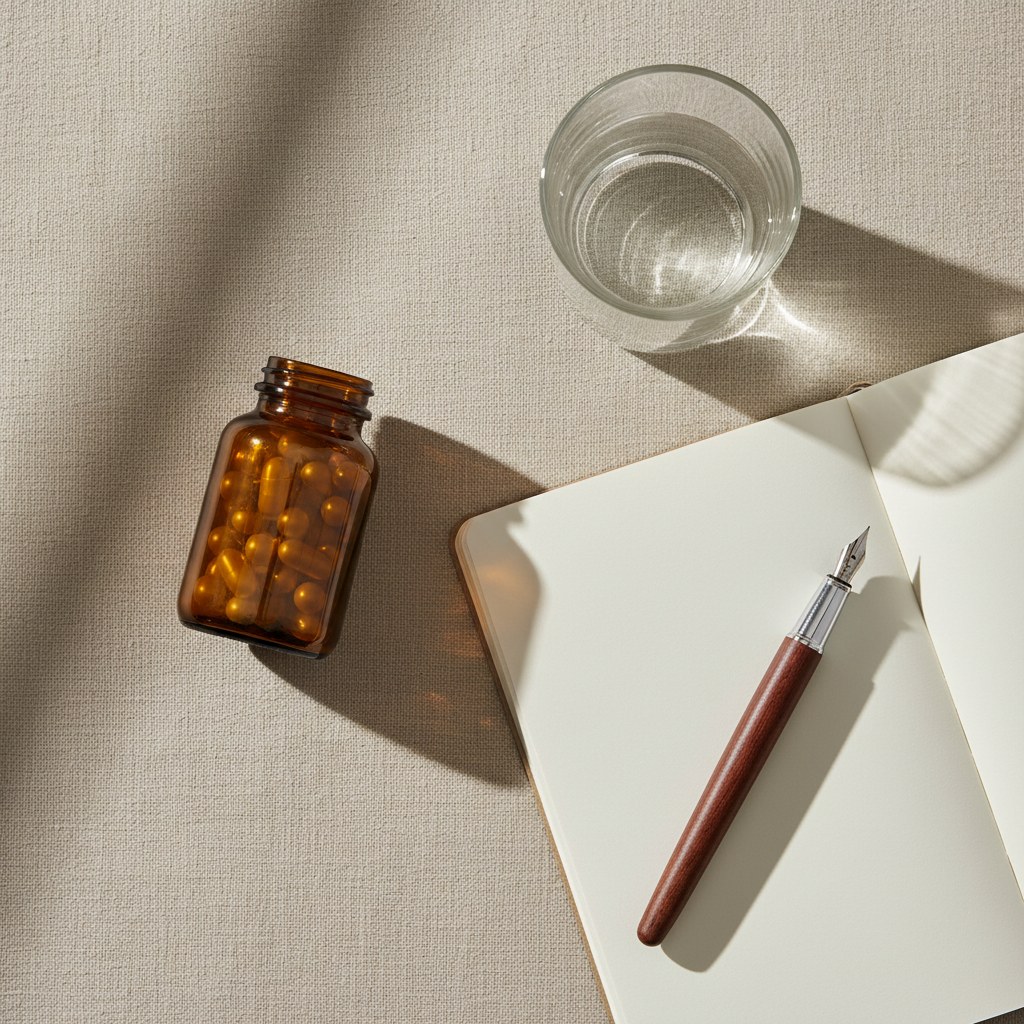 Capsule bottle, open notebook, and water glass in a quiet morning workspace